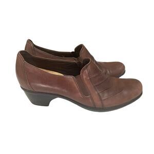 Clarks Partridge Brown Leather Slip On Shoes Women’s Sz 8.5 Casual Comfort Heels